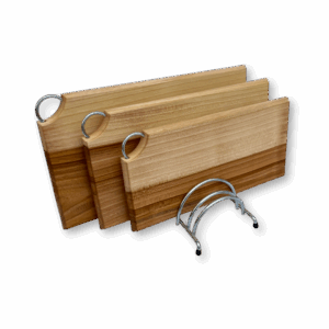 Набір дерев'яних кухонних дошок з береста з металевим кільцем та підставкою 