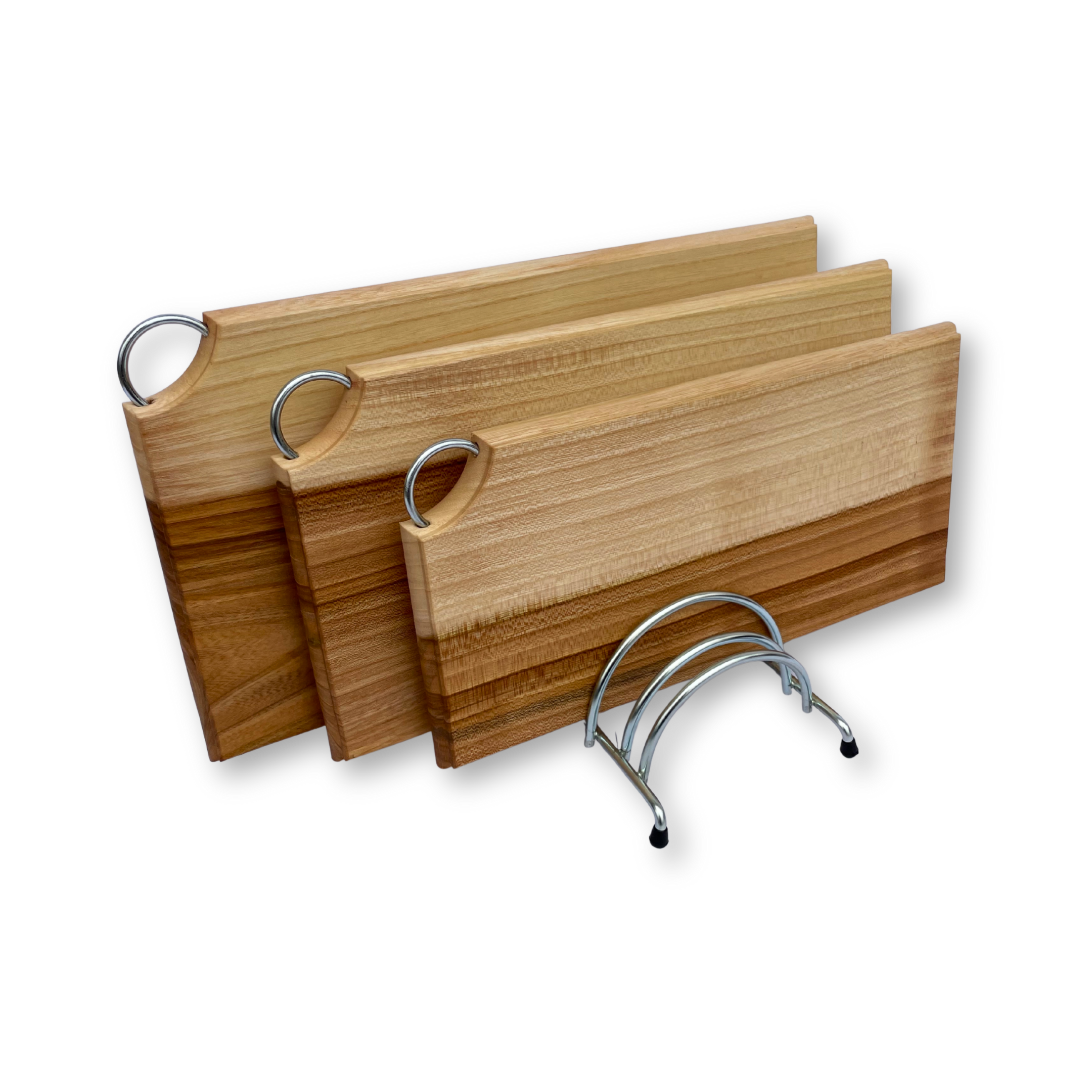 Набір дерев'яних кухонних дошок з береста з металевим кільцем та підставкою