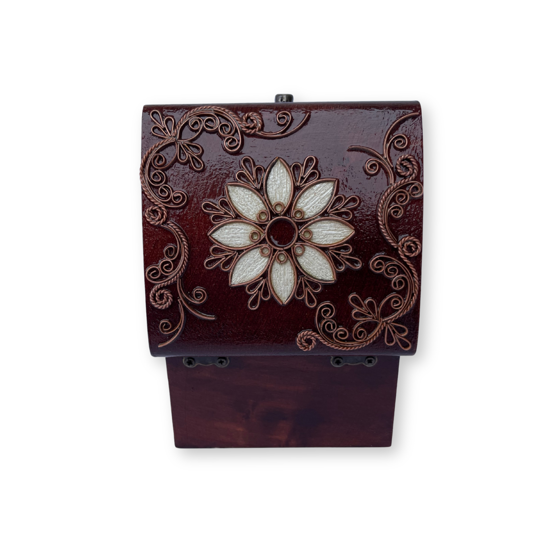 Дерев'яна шкатулка з мідним оздобленням "Ромашка №7" розміром 10х10х9 см - Зображення 3